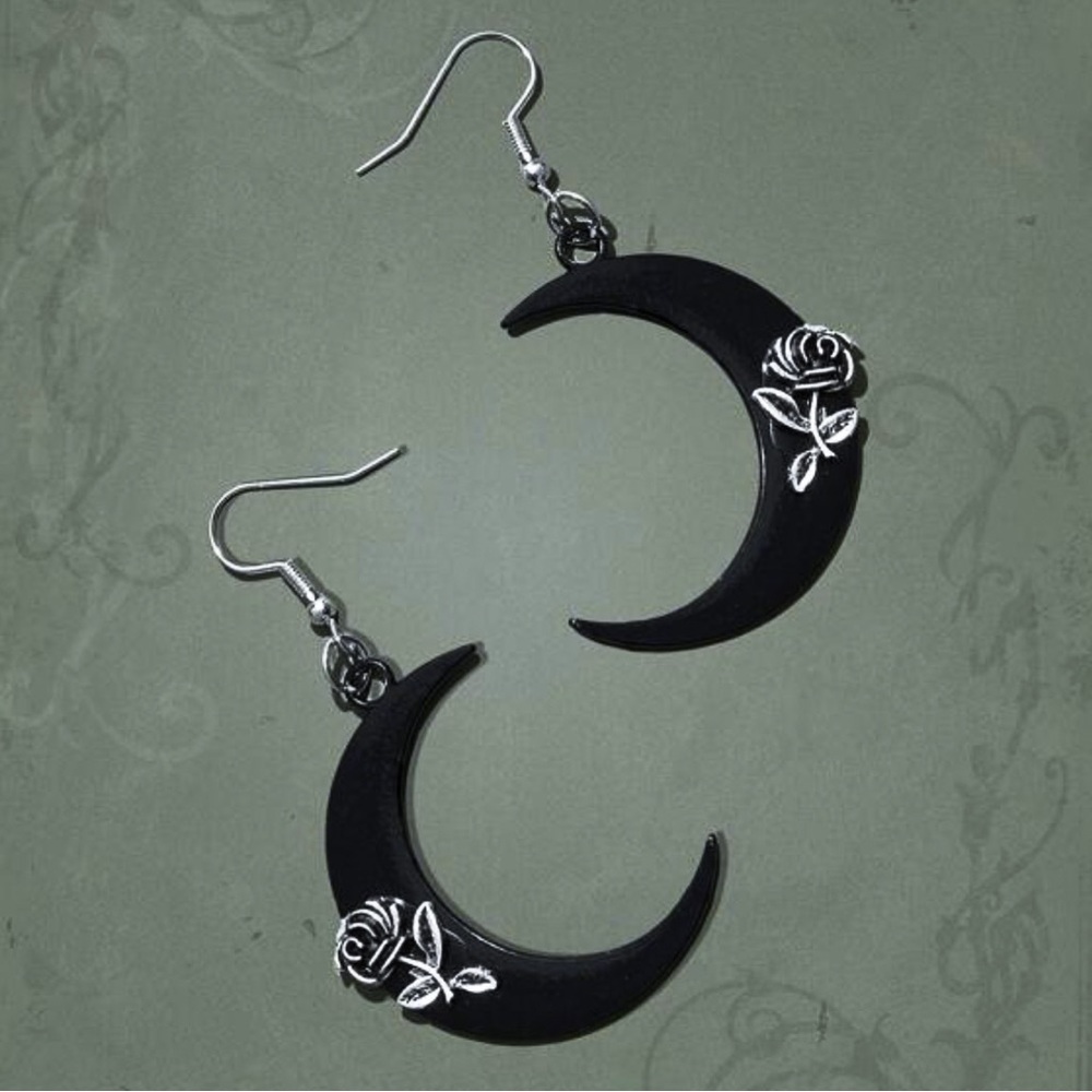 Any 3/$25! Black Crescent Moon w/Antiqued Rose Drop Earrings - Picture 2 of 9